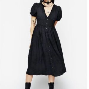 Disturbia Black Button-Front V-Neck Midi Dress